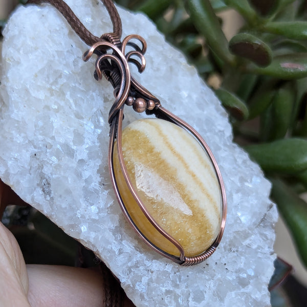 Yellow Calcite Wire Wrapped Pendant in Oxidized Copper