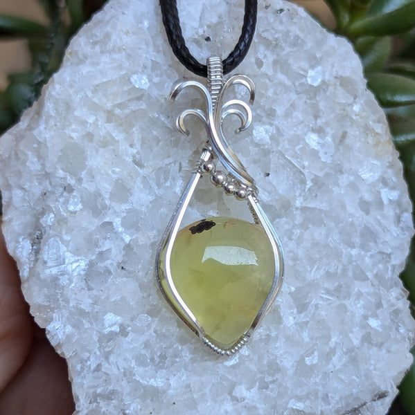 Prehnite Wire Wrapped Sterling Silver Pendant