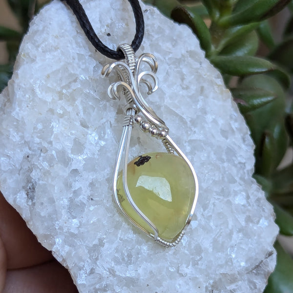 Prehnite Wire Wrapped Sterling Silver Pendant