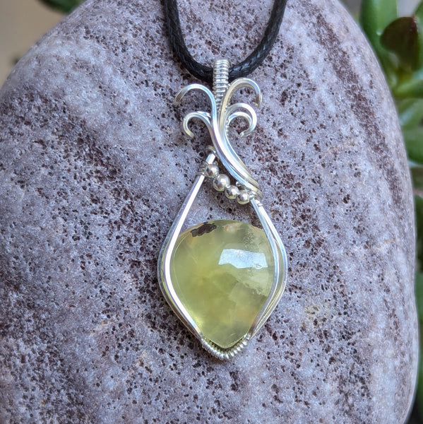 Prehnite Wire Wrapped Sterling Silver Pendant