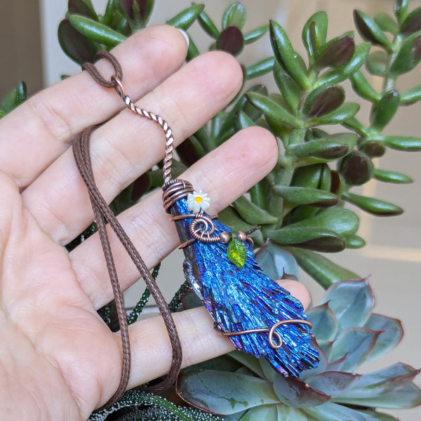 Aura Kyanite Witch Broom Wire Wrapped Oxidized Copper Pendant
