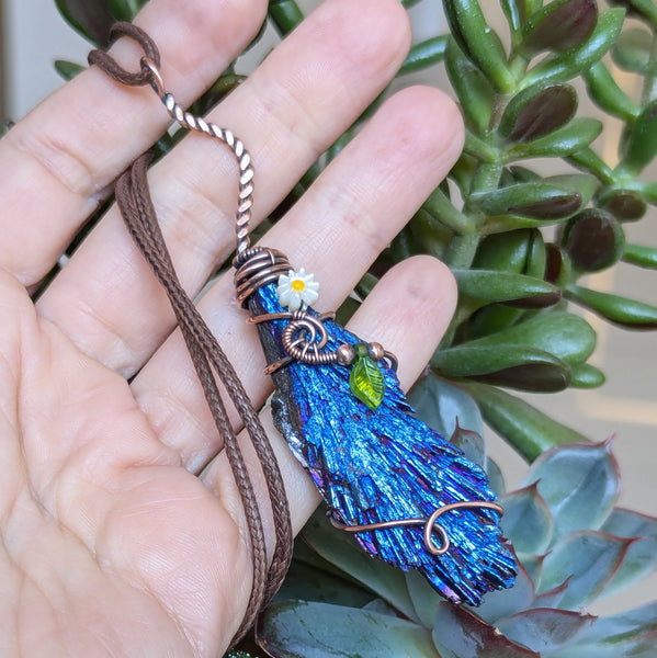 Aura Kyanite Witch Broom Wire Wrapped Oxidized Copper Pendant