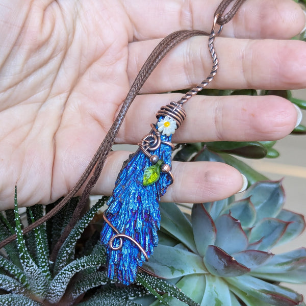 Aura Kyanite Witch Broom Wire Wrapped Oxidized Copper Pendant