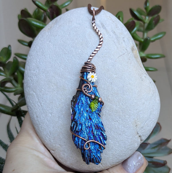 Aura Kyanite Witch Broom Wire Wrapped Oxidized Copper Pendant