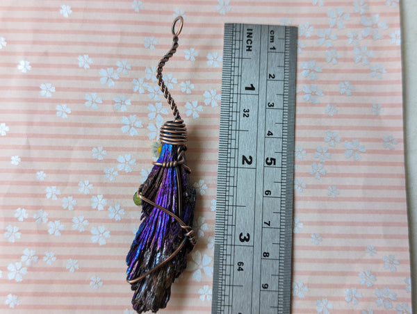 Aura Kyanite Witch Broom Wire Wrapped Oxidized Copper Pendant