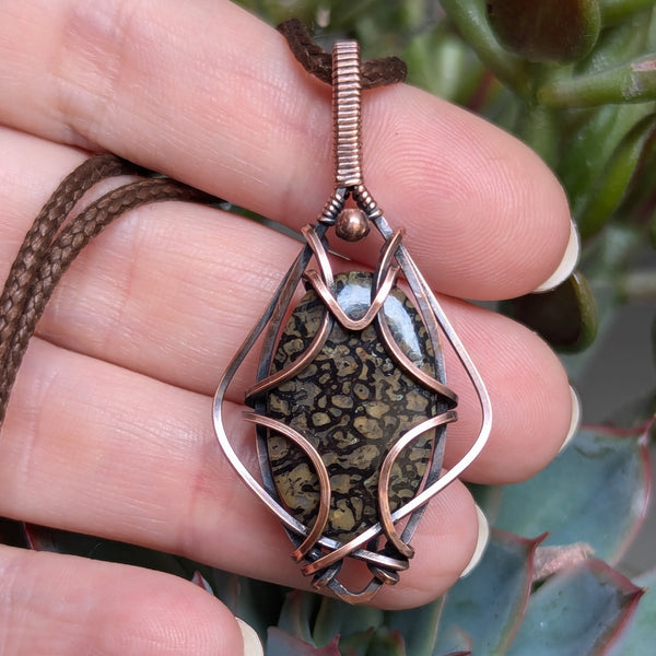 Dino Bone Fossil Wire Wrapped Pendant in Oxidized Copper