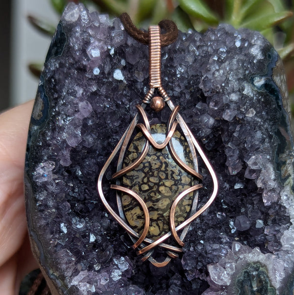 Dino Bone Fossil Wire Wrapped Pendant in Oxidized Copper