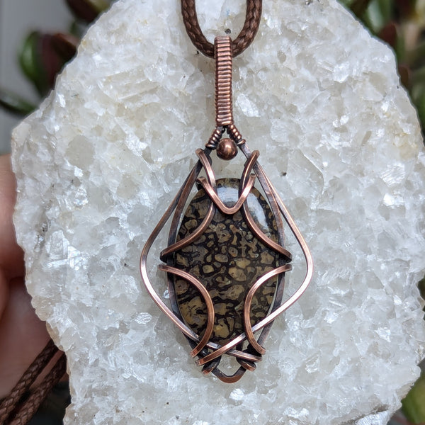 Dino Bone Fossil Wire Wrapped Pendant in Oxidized Copper