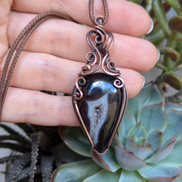 Druzy Agate Wire Wrapped Pendant in Oxidized Copper