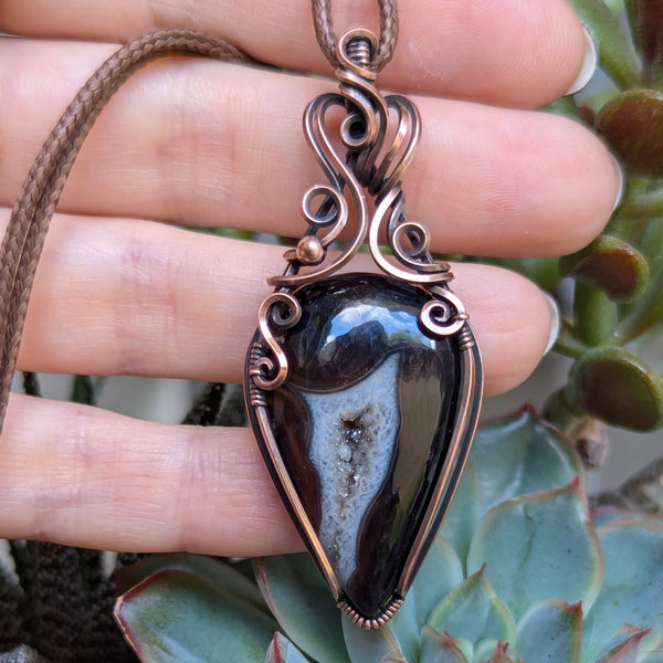 Druzy Agate Wire Wrapped Pendant in Oxidized Copper