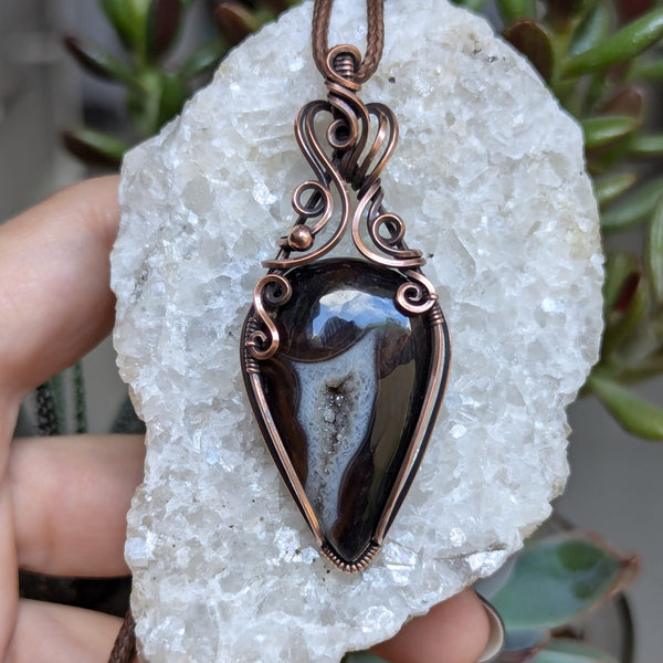 Druzy Agate Wire Wrapped Pendant in Oxidized Copper