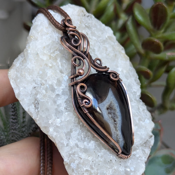 Druzy Agate Wire Wrapped Pendant in Oxidized Copper