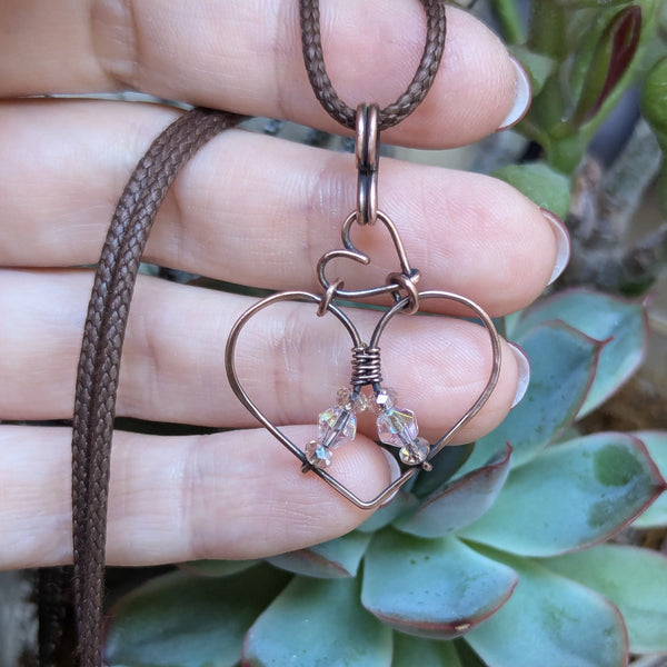 Hearts Wire Wrapped Pendant in Oxidized Copper