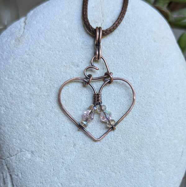 Hearts Wire Wrapped Pendant in Oxidized Copper