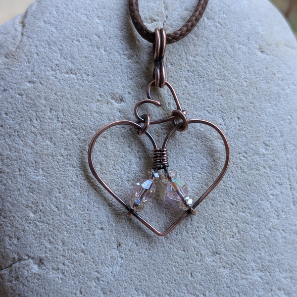 Hearts Wire Wrapped Pendant in Oxidized Copper