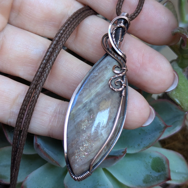 Belomorite Wire Wrapped Pendant in Oxidized Copper