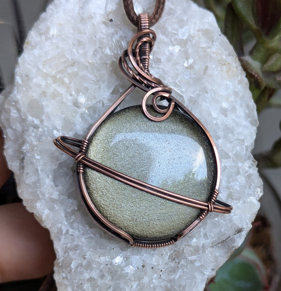 Golden Sheen Obsidian Wire Wrapped Planet Pendant in Oxidized Copper