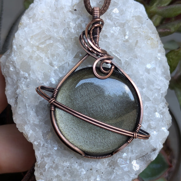 Golden Sheen Obsidian Wire Wrapped Planet Pendant in Oxidized Copper