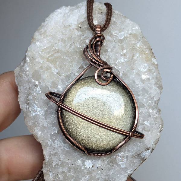 Golden Sheen Obsidian Wire Wrapped Planet Pendant in Oxidized Copper