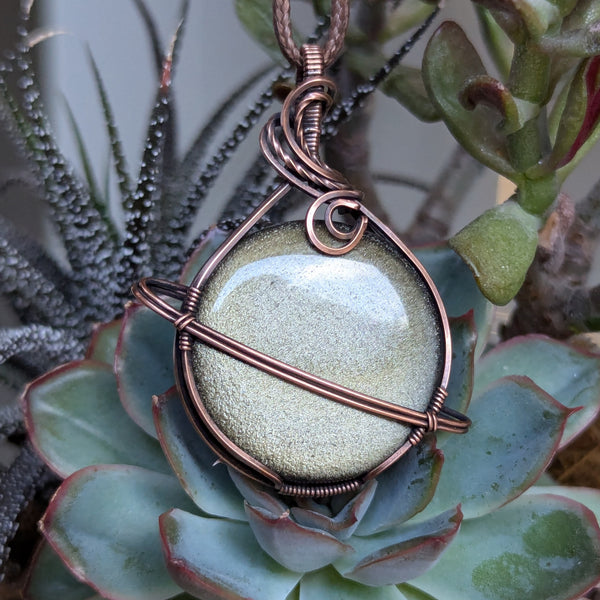 Golden Sheen Obsidian Wire Wrapped Planet Pendant in Oxidized Copper