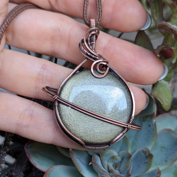 Golden Sheen Obsidian Wire Wrapped Planet Pendant in Oxidized Copper