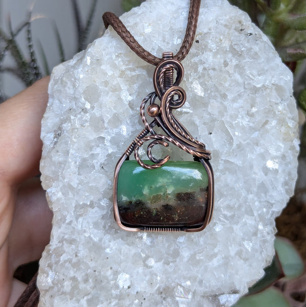 Chrysoprase Wire Wrapped Pendant in Oxidized Copper