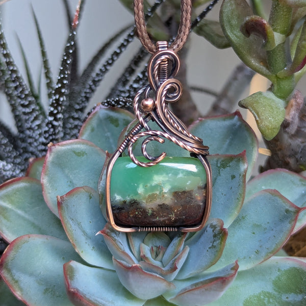Chrysoprase Wire Wrapped Pendant in Oxidized Copper