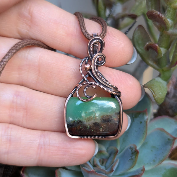 Chrysoprase Wire Wrapped Pendant in Oxidized Copper