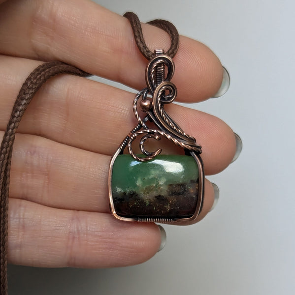 Chrysoprase Wire Wrapped Pendant in Oxidized Copper