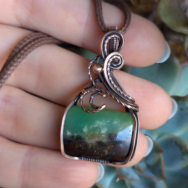 Chrysoprase Wire Wrapped Pendant in Oxidized Copper