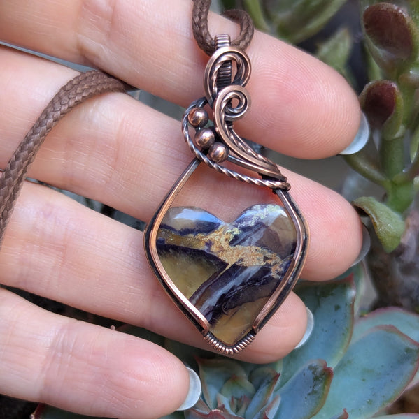 Tiffany Jasper Heart Wire Wrapped Pendant in Oxidized Copper