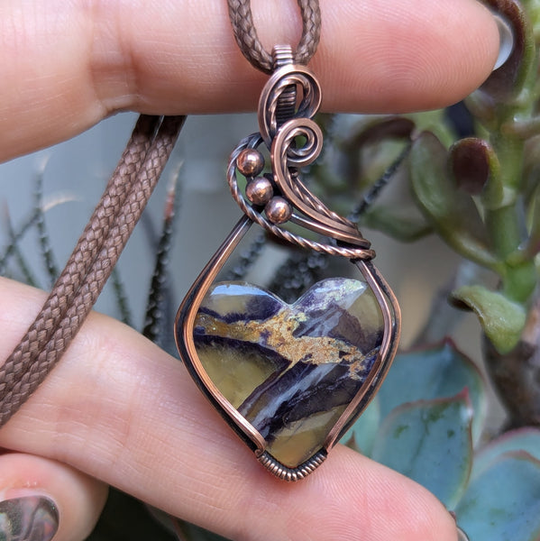 Tiffany Jasper Heart Wire Wrapped Pendant in Oxidized Copper