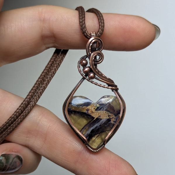 Tiffany Jasper Heart Wire Wrapped Pendant in Oxidized Copper