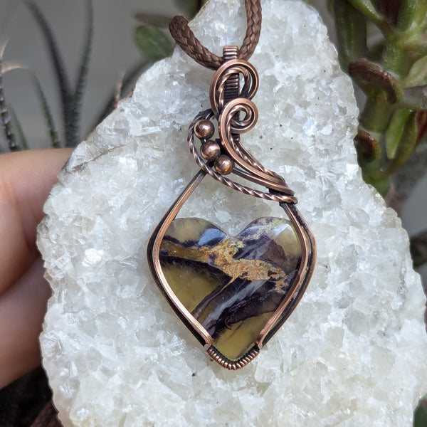 Tiffany Jasper Heart Wire Wrapped Pendant in Oxidized Copper