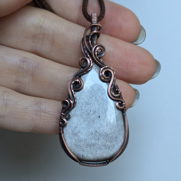 Silver Sheen Obsidian Wrapped Pendant in Oxidized Copper