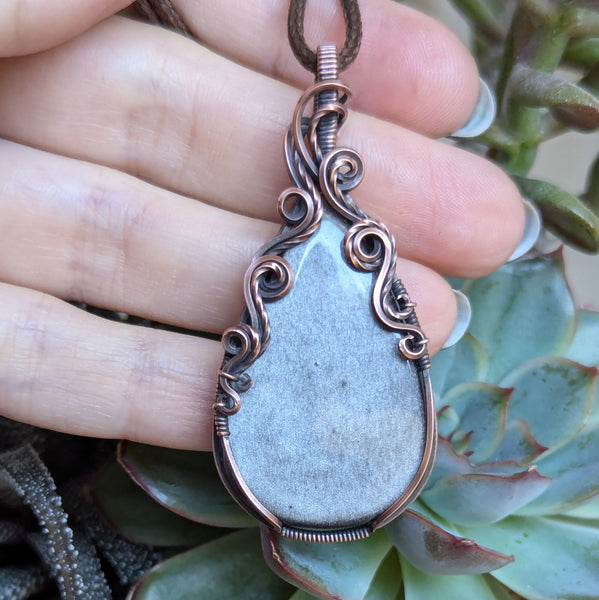 Silver Sheen Obsidian Wrapped Pendant in Oxidized Copper