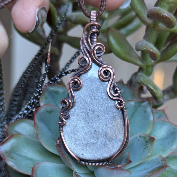 Silver Sheen Obsidian Wrapped Pendant in Oxidized Copper