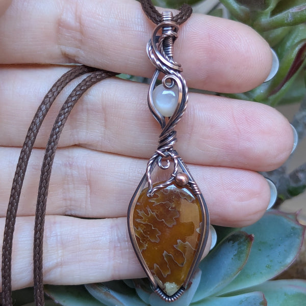 Suture Ammonite & Silky Moonstone Wire Wrapped Pendant in Oxidized Copper