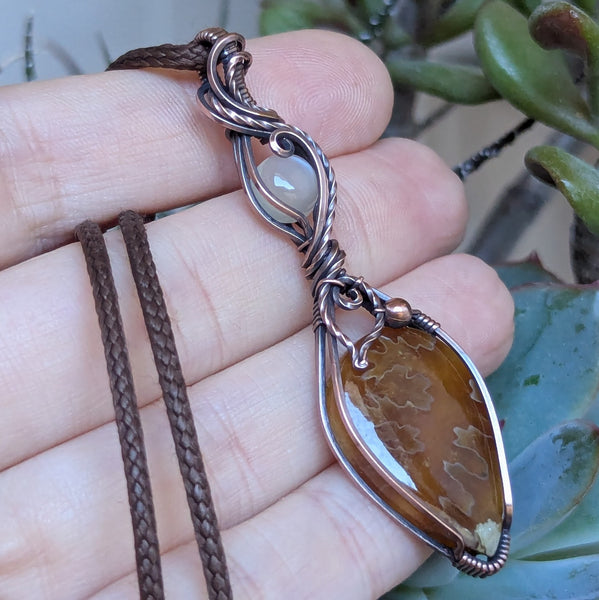 Suture Ammonite & Silky Moonstone Wire Wrapped Pendant in Oxidized Copper