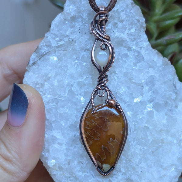 Suture Ammonite & Silky Moonstone Wire Wrapped Pendant in Oxidized Copper