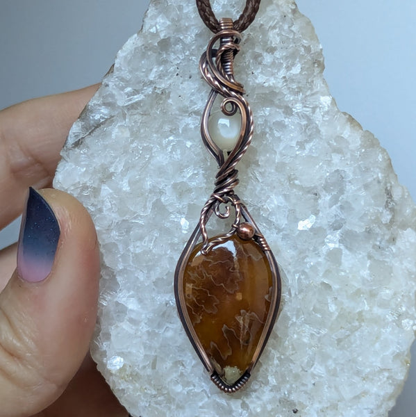 Suture Ammonite & Silky Moonstone Wire Wrapped Pendant in Oxidized Copper