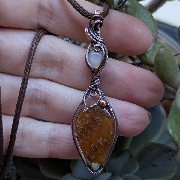 Suture Ammonite & Silky Moonstone Wire Wrapped Pendant in Oxidized Copper