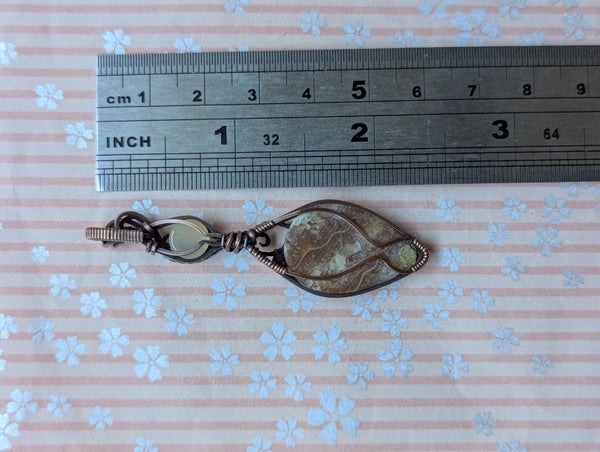 Suture Ammonite & Silky Moonstone Wire Wrapped Pendant in Oxidized Copper