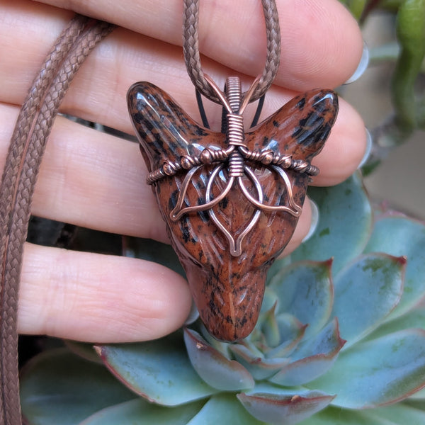 Mahogany Obsidian Lotus Wolf Head Pendant in Oxidized Copper