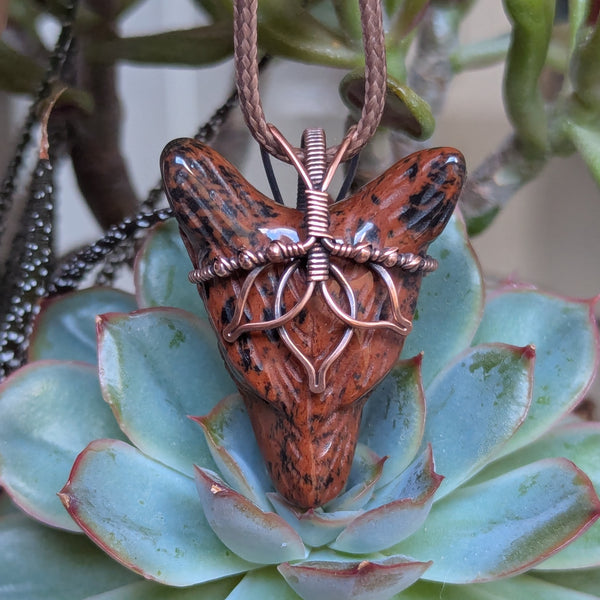 Mahogany Obsidian Lotus Wolf Head Pendant in Oxidized Copper