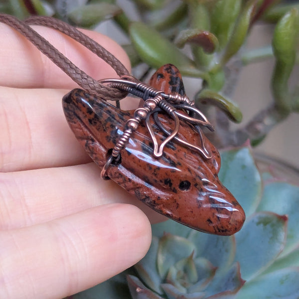 Mahogany Obsidian Lotus Wolf Head Pendant in Oxidized Copper