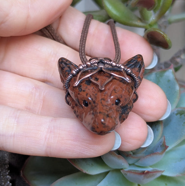 Mahogany Obsidian Lotus Wolf Head Pendant in Oxidized Copper