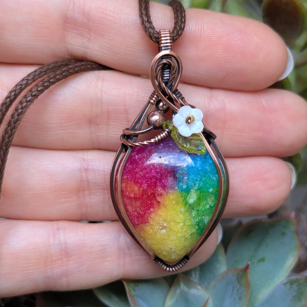 Rainbow Quartz Floral Wire Wrapped Pendant in Oxidized Copper