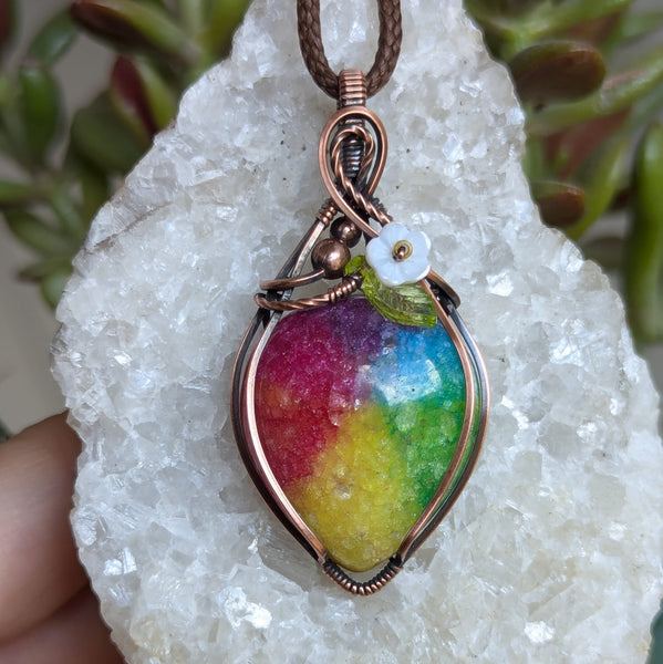 Rainbow Quartz Floral Wire Wrapped Pendant in Oxidized Copper