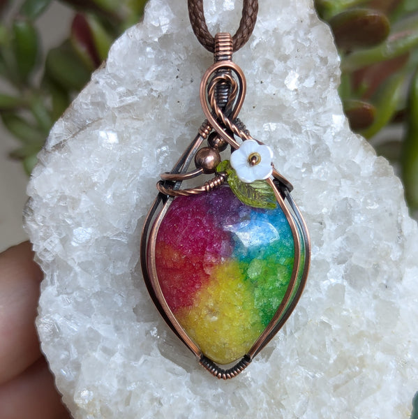 Rainbow Quartz Floral Wire Wrapped Pendant in Oxidized Copper